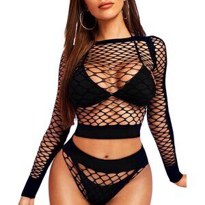 🆕 Women Black Sexy Mesh Lingerie Fishnet Babydoll Long Sleeve Bodysuit Shirts